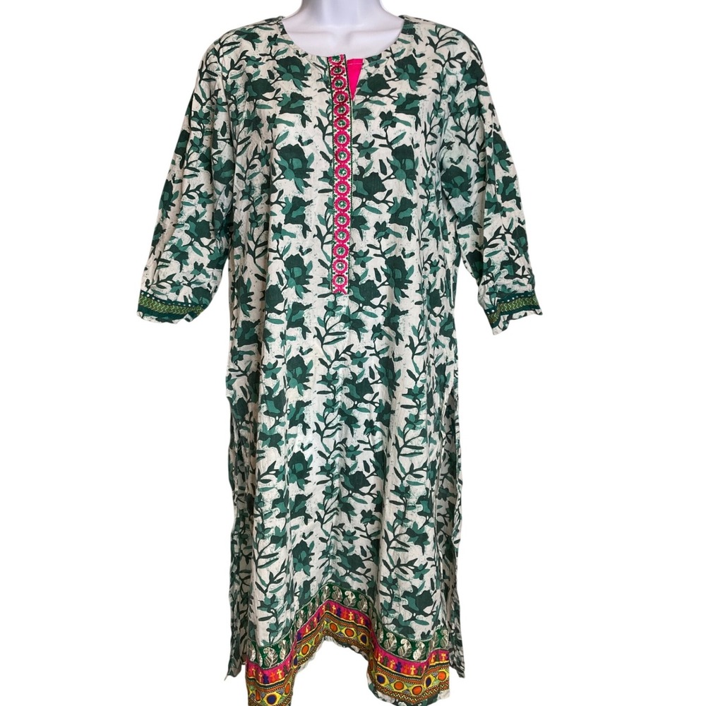 Inhabit Women Green Floral Kurta Tunic Dress L Excellent Embroidered South Asian